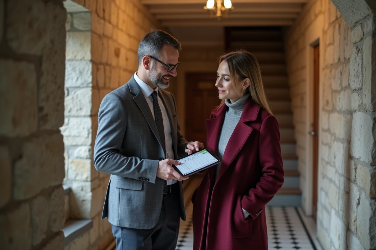Agent immobilier et locataire consultant un DPE sur tablette dans une maison bretonne à Rennes