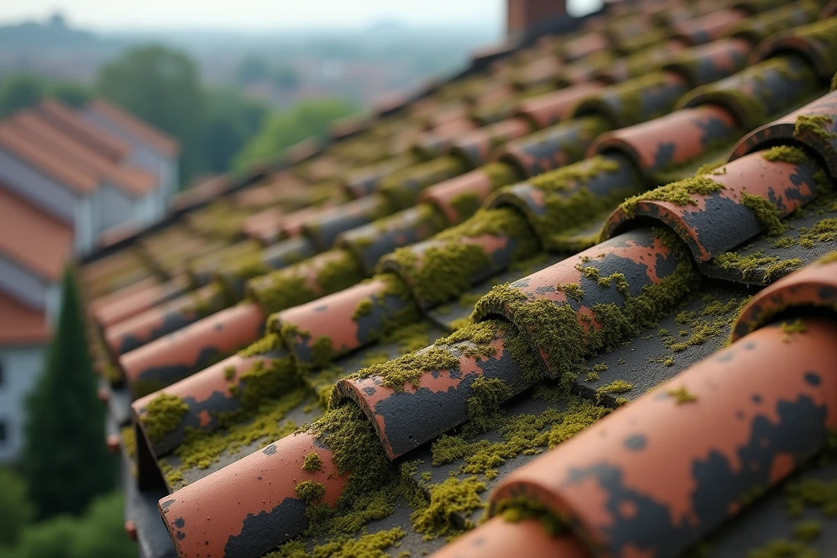 Toiture en tuiles d'argile couverte de taches d'algues vertes et noires sur une maison résidentielle