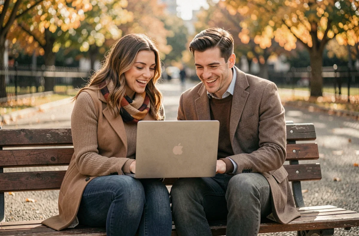 Deux amis partageant des articles populaires en ligne dans un parc en automne, inspiré de Ghimel Le Mag
