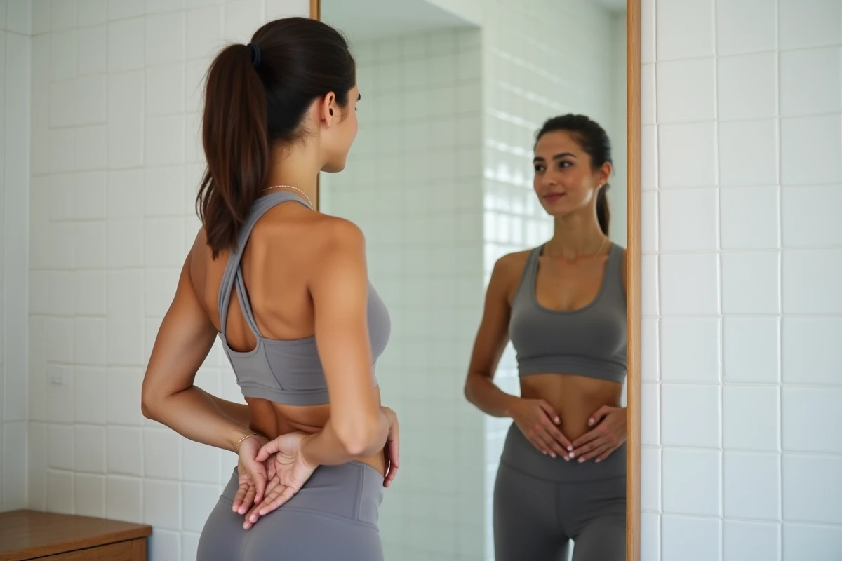 Femme pratiquant un auto-massage du ventre devant un miroir dans une salle de bain minimaliste