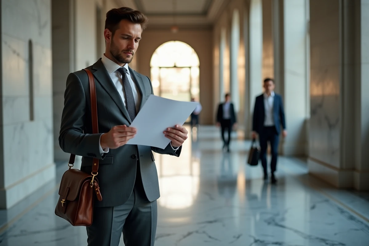 Avocat comparant deux décisions de justice dans un couloir de tribunal, symbolisant la distinction entre arrêt d'espèce et arrêt de principe en droit français