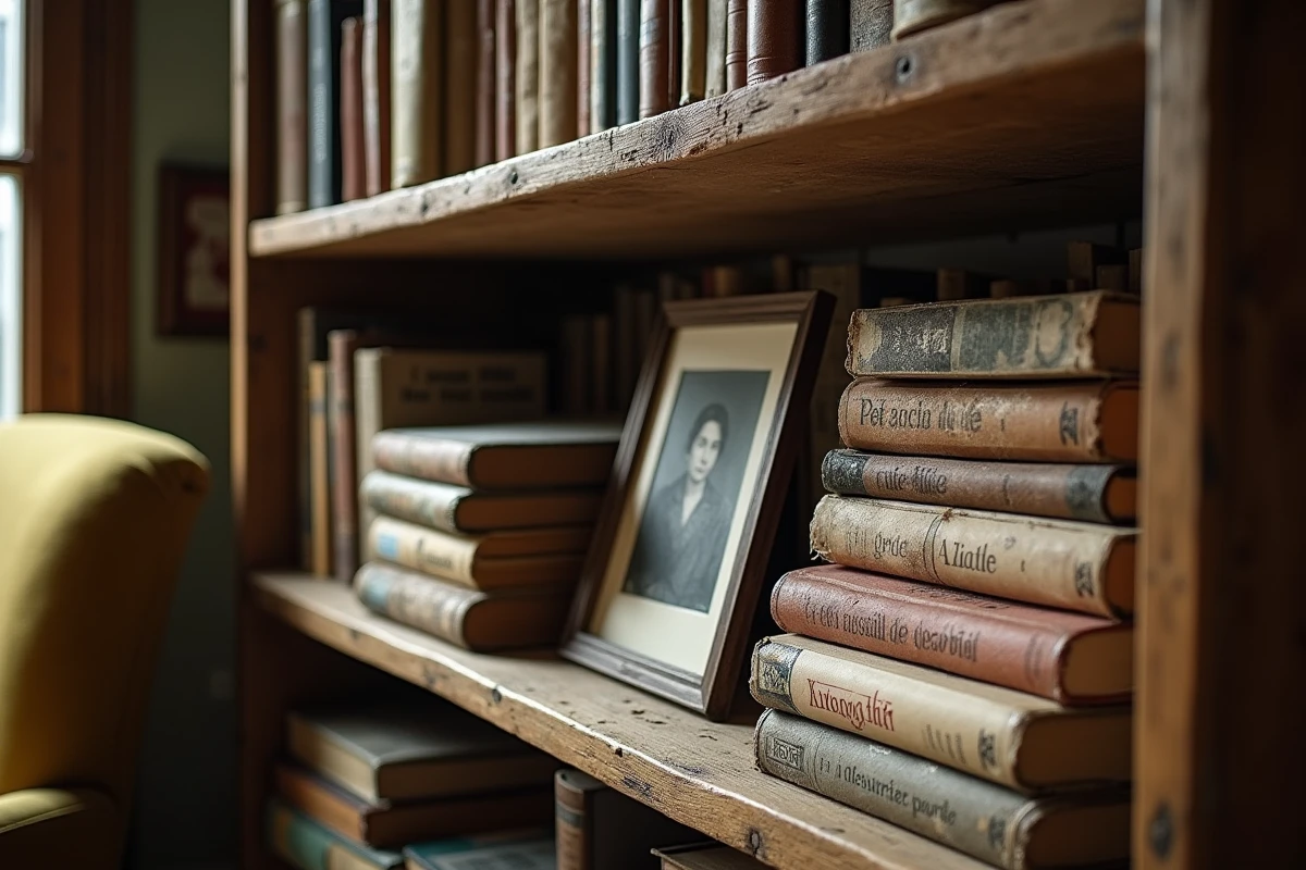 Bibliothèque d'étude française encombrée avec livres politiques, vieux journaux Le Monde et portrait de famille en noir et blanc, atmosphère intellectuelle et personnelle