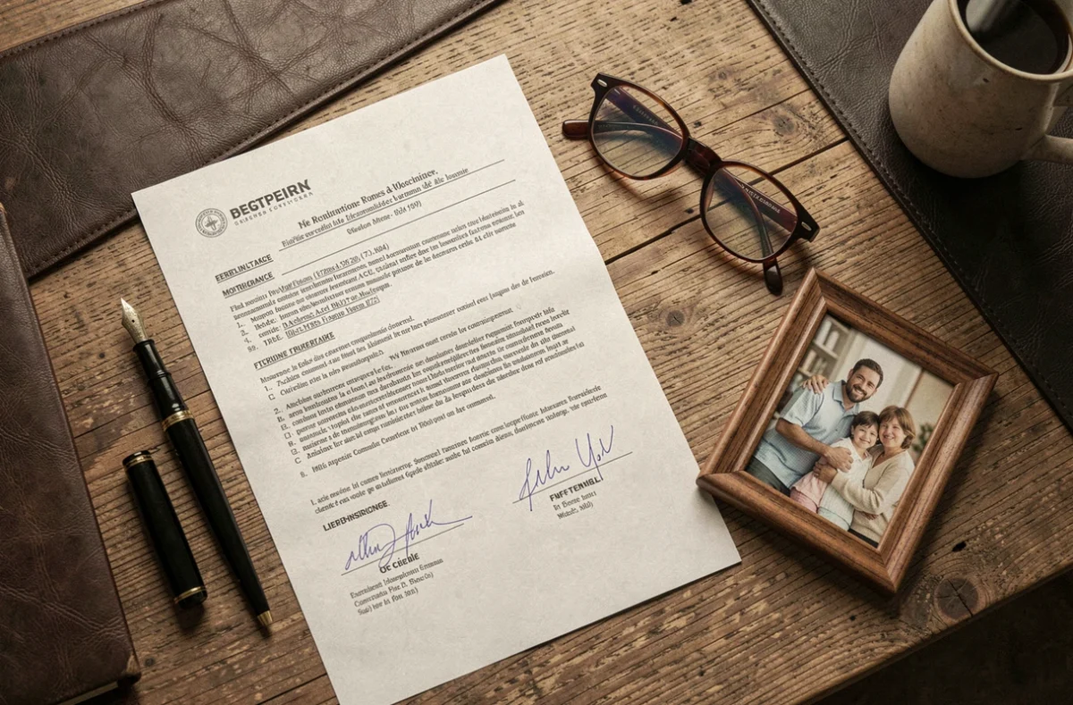 Vue de dessus d'un bureau avec contrat de prêt immobilier, assurance décès, stylo plume et photo de famille