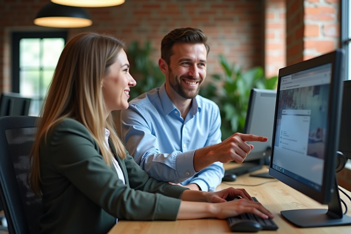 Deux collègues consultant la nouvelle adresse du site Channelstream sur un ordinateur de bureau en espace de travail