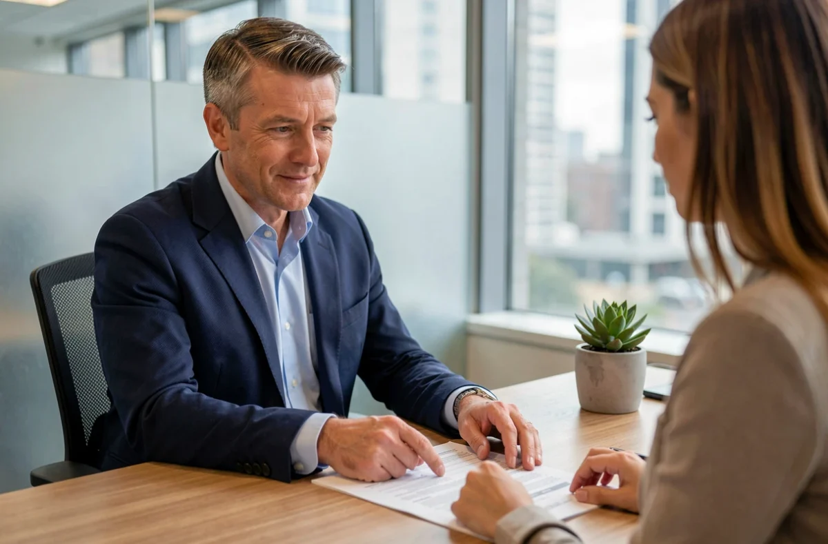 Conseiller en assurance expliquant la prise en charge du crédit immobilier en cas de décès à une cliente