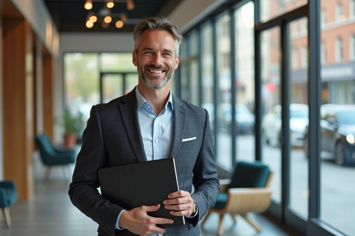 Conseiller immobilier souriant dans un bureau moderne et lumineux