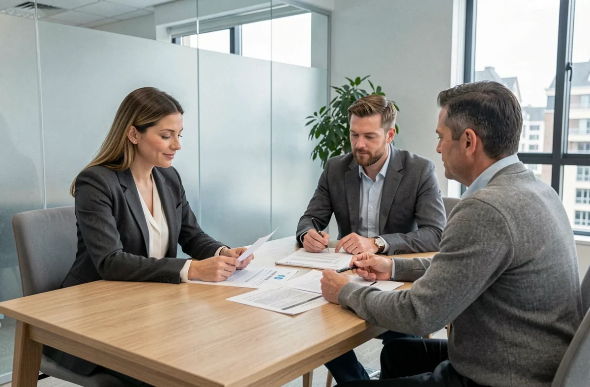 Conseillère immobilière présentant un devis de rénovation à un couple dans une agence