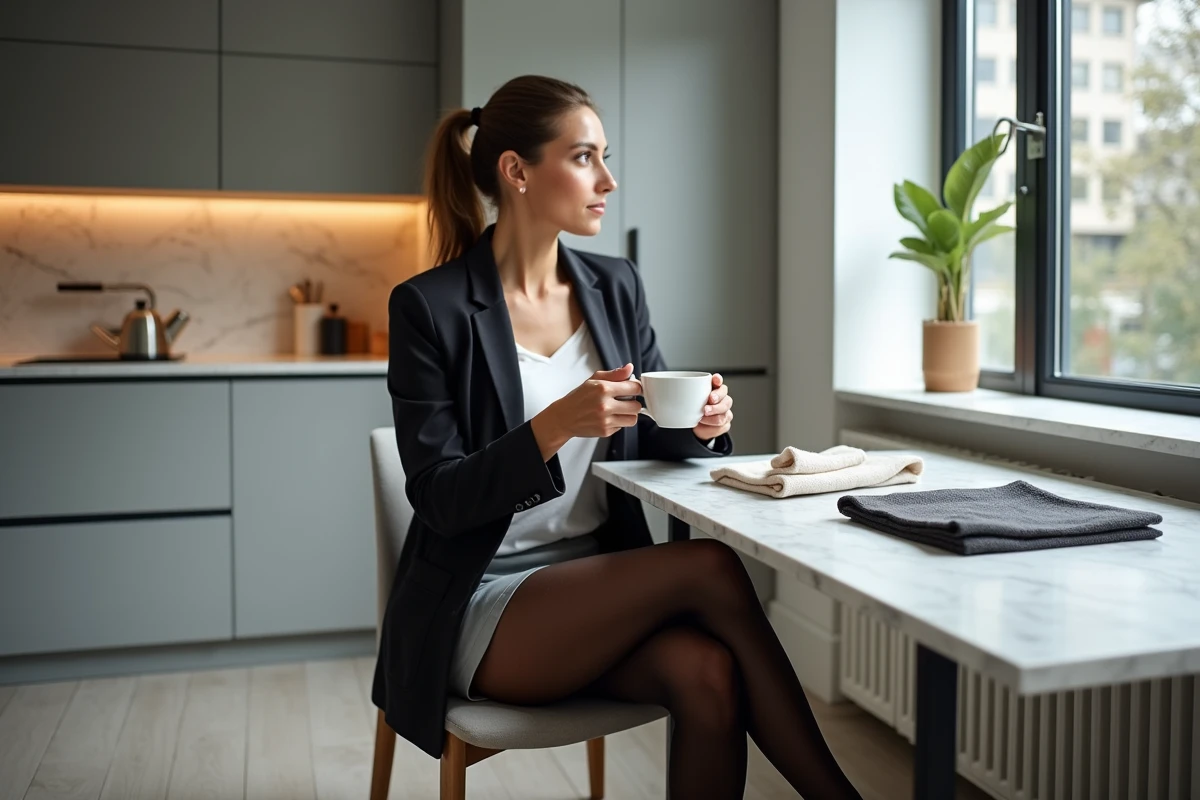 Femme en collants opaques assise à une table de cuisine avec un assortiment de sous-vêtements et collants disposés devant elle, illustrant les conseils pour choisir quoi porter sous un collant