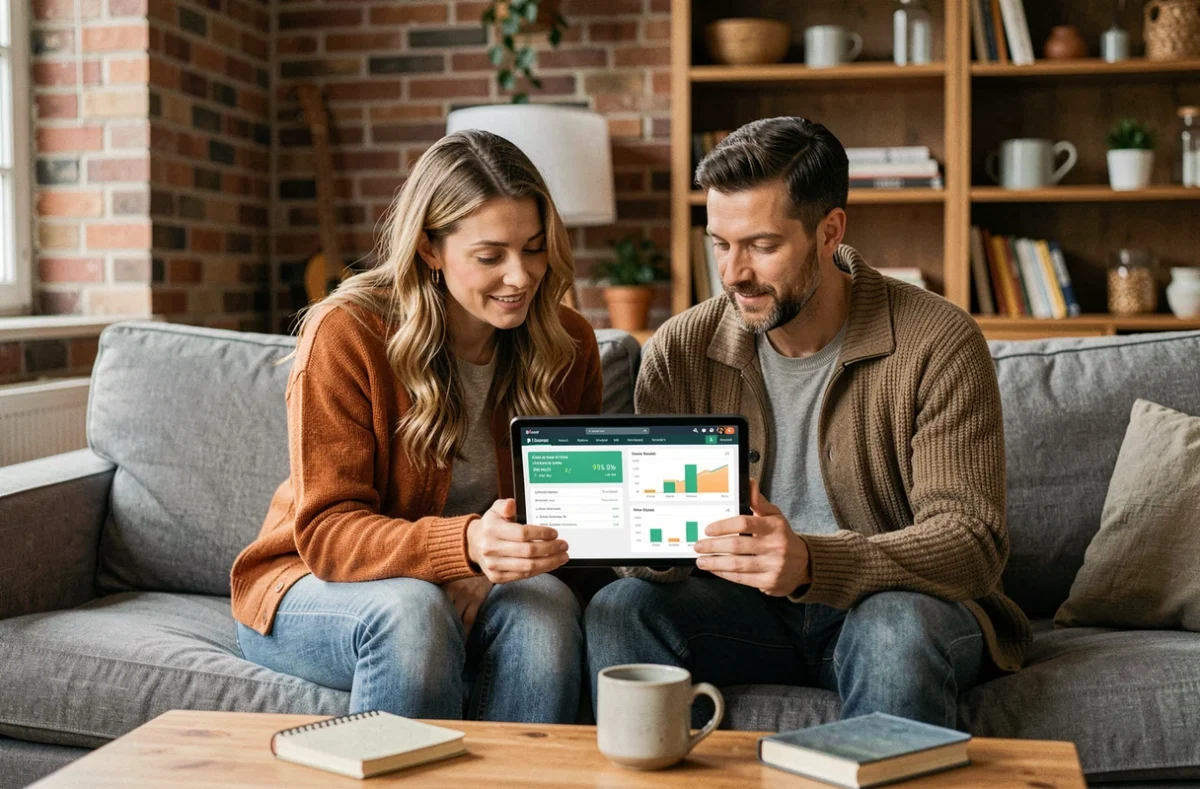 Couple consultant une application de budget familial sur tablette dans un salon chaleureux et moderne