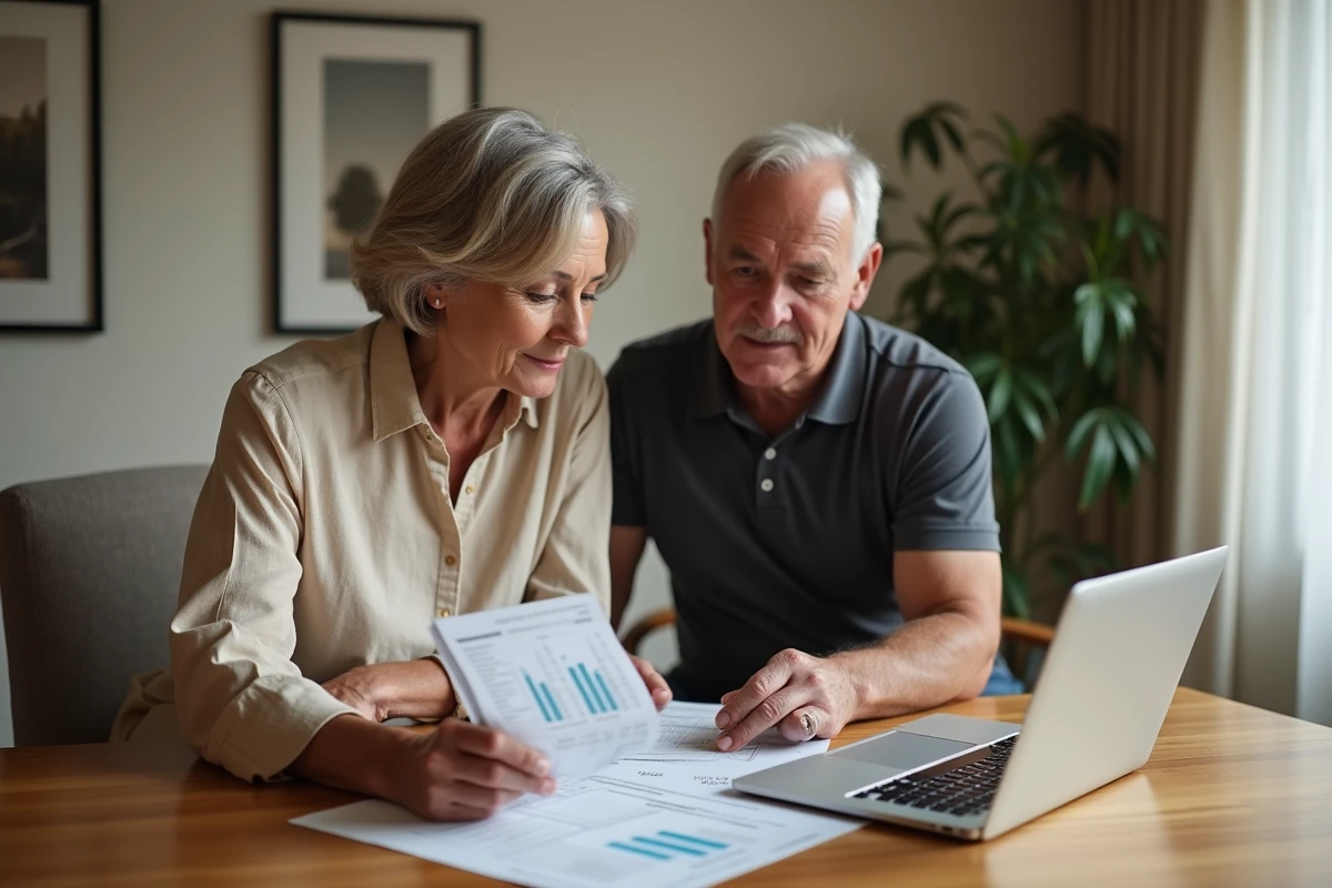 Couple de copropriétaires examinant des charges de copropriété avec un outil de gestion en ligne sur ordinateur