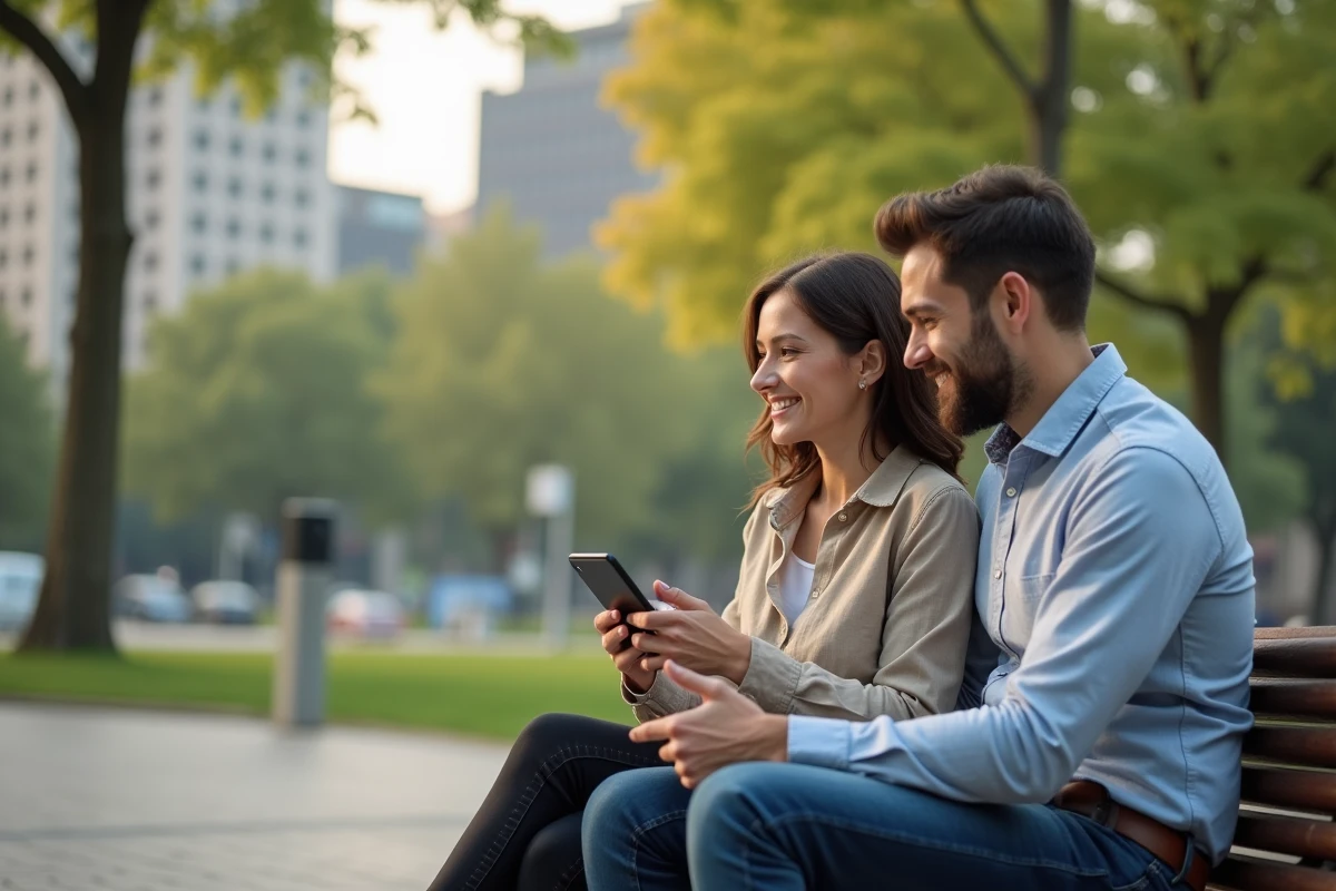 Jeune couple discutant sur un banc avec smartphone en ville