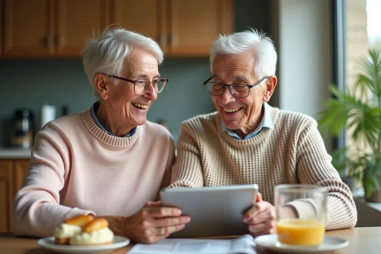 Couple retraités souriant lors du petit déjeuner à la maison