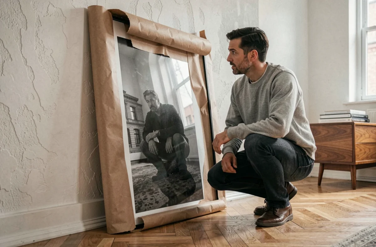 Homme découvrant une œuvre d'art encadrée commandée en ligne dans son appartement moderne