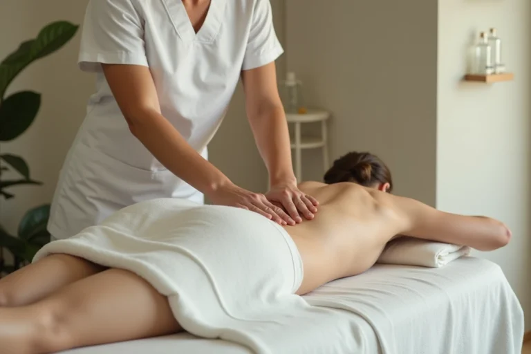 Thérapeute pratiquant un drainage lymphatique abdominal sur une cliente allongée dans un cabinet de soin zen