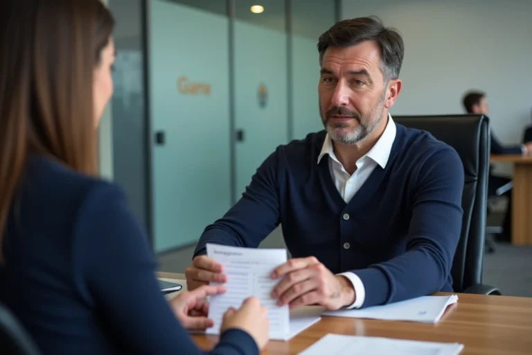 Homme d'âge moyen échange un avis d'imposition avec une conseillère bancaire