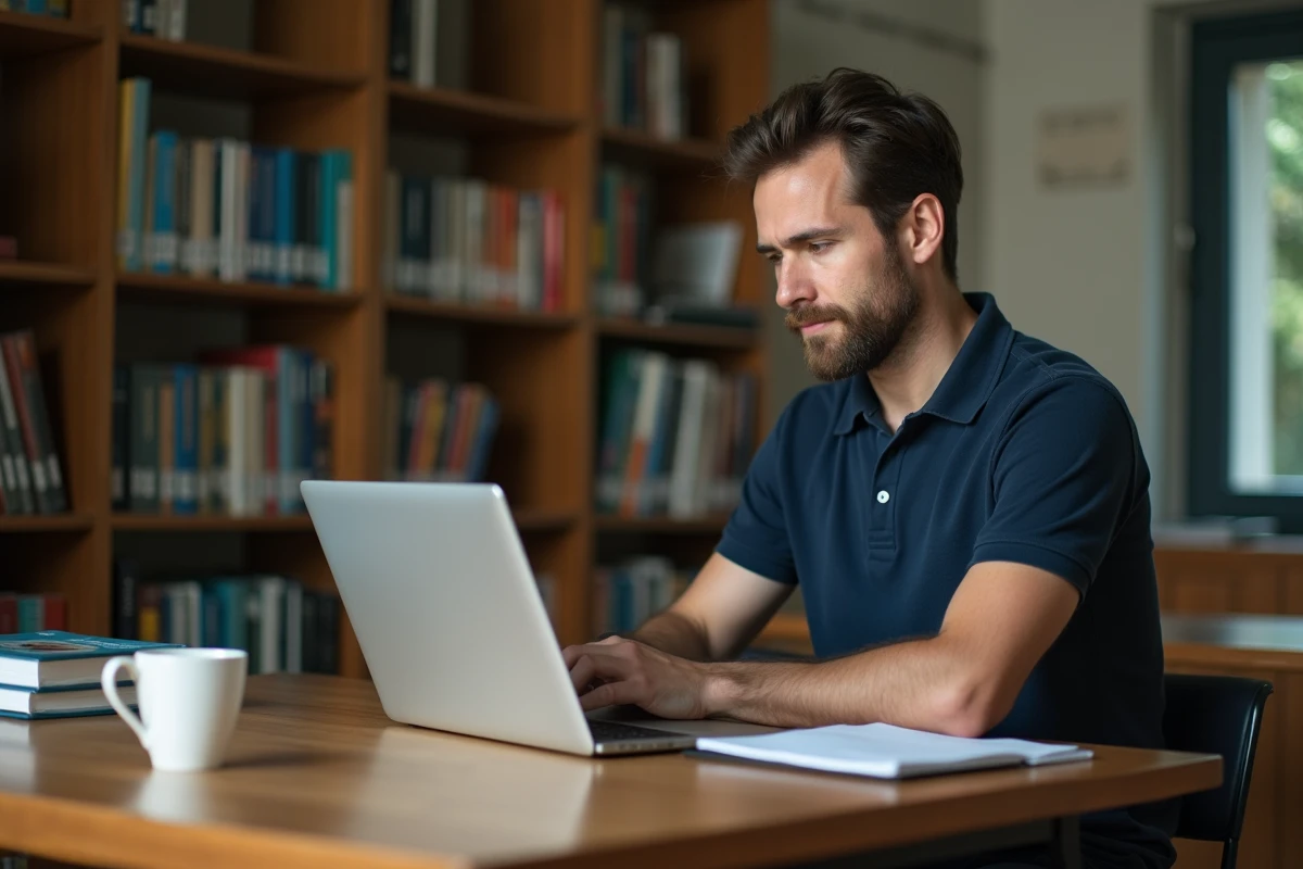 Educateur masculin étudiant seul la réglementation des séjours scolaires dans une bibliothèque avec un ordinateur portable