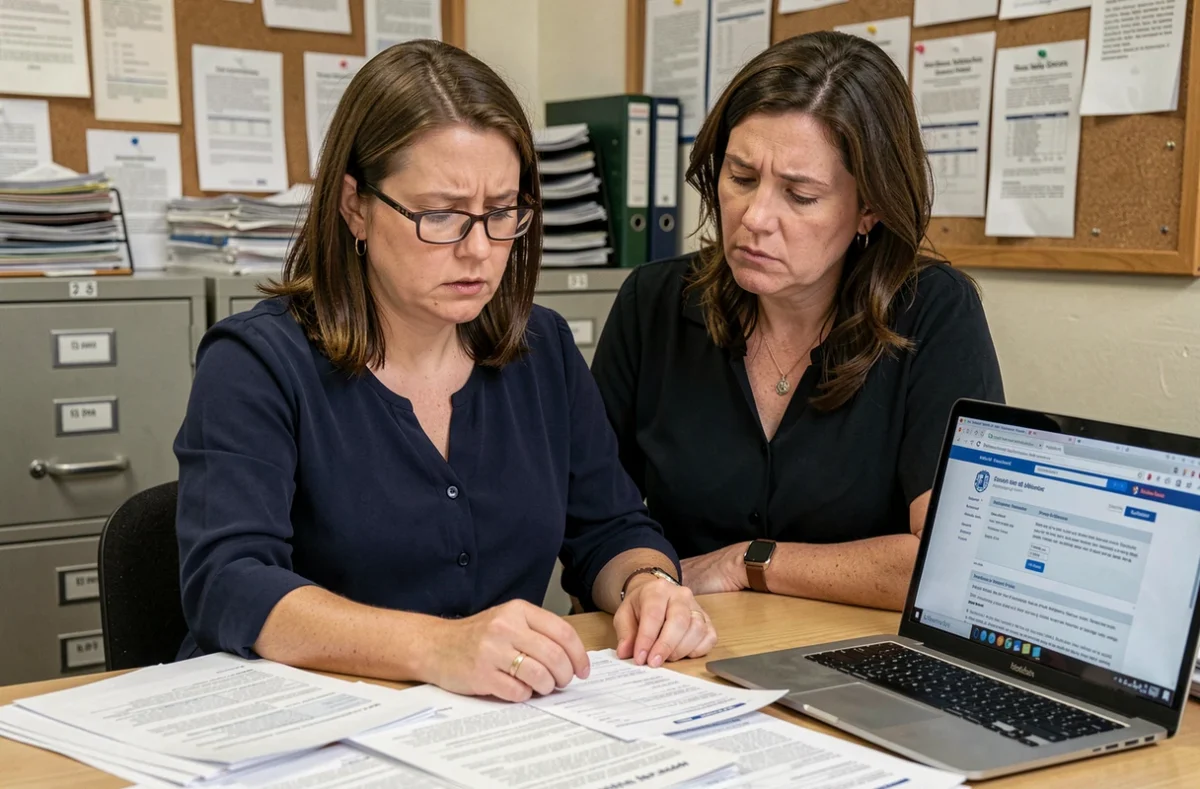 Enseignante consultant des formulaires d'aide CAF pour financer un voyage scolaire dans un bureau d'école