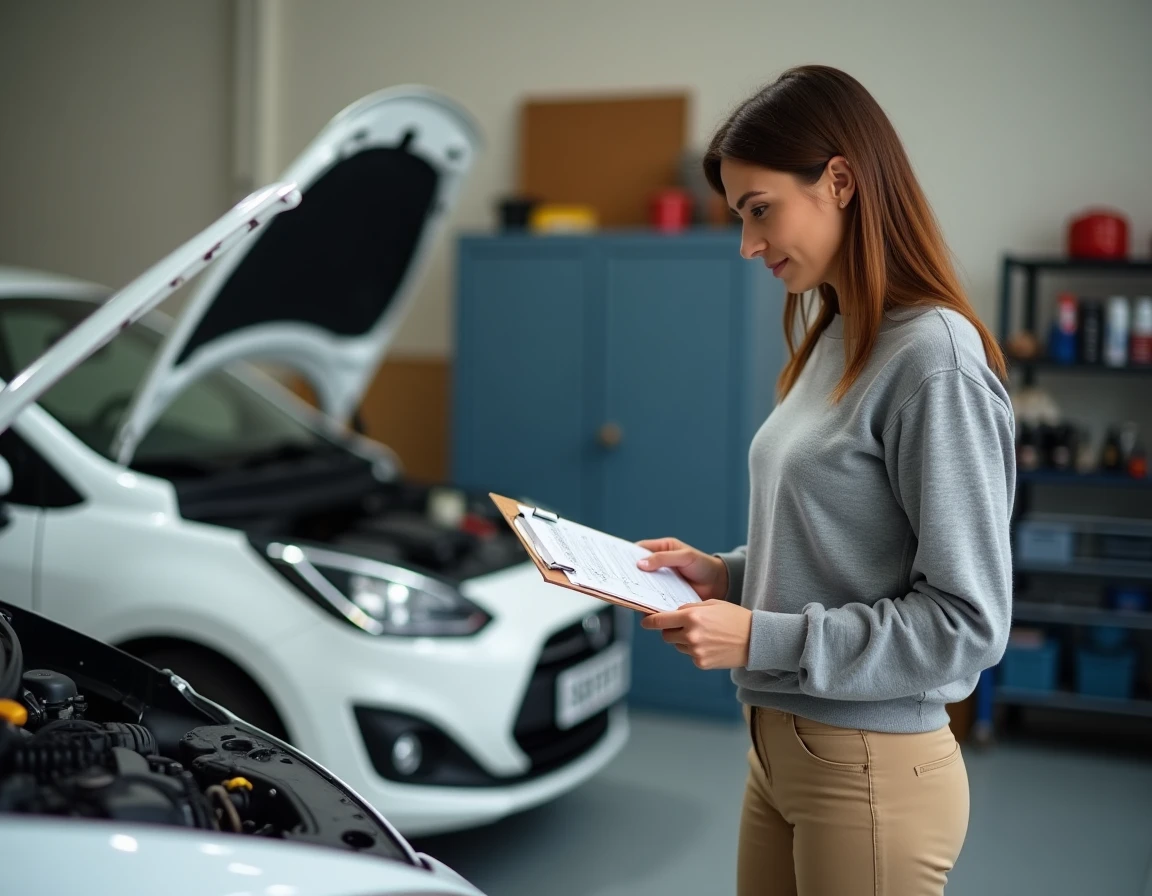 Femme vérifiant l'entretien moteur de sa voiture dans un garage résidentiel avec une liste de contrôle