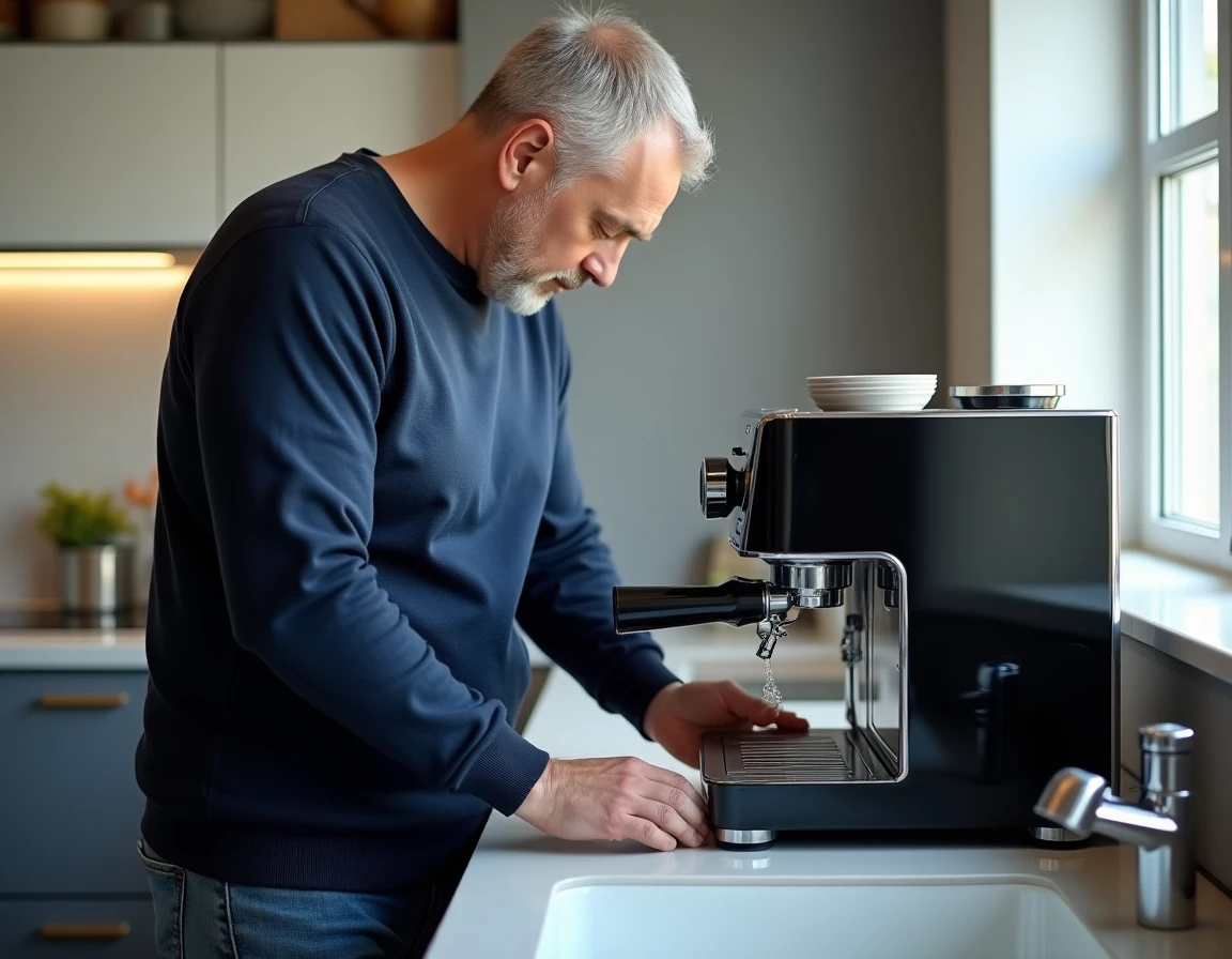 Homme effectuant l'entretien de la machine à café Saeco Picobaristo Deluxe en nettoyant le groupe de brassage au-dessus d'un évier de cuisine