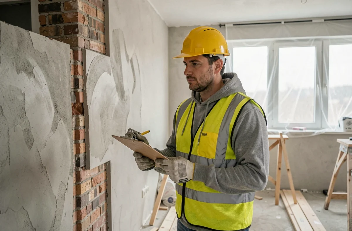 Expert en bâtiment inspectant un mur en cours de rénovation dans un appartement