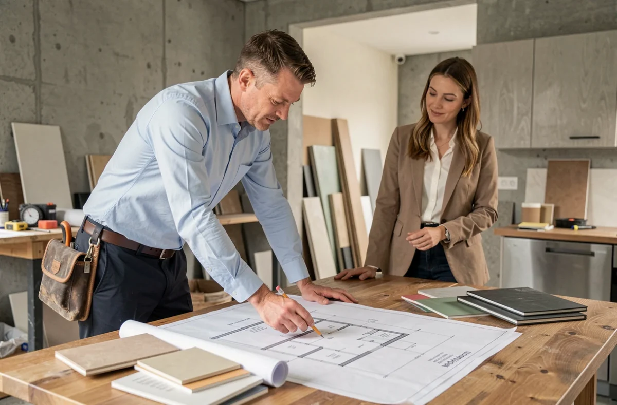 Architecte et propriétaire examinant des plans de rénovation dans une cuisine en travaux