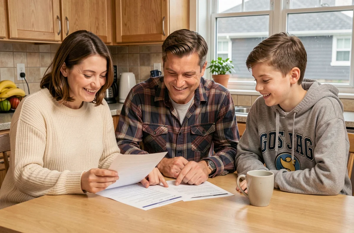 Famille examinant les documents d'aide CAF pour financer le voyage scolaire de leur adolescente à la maison