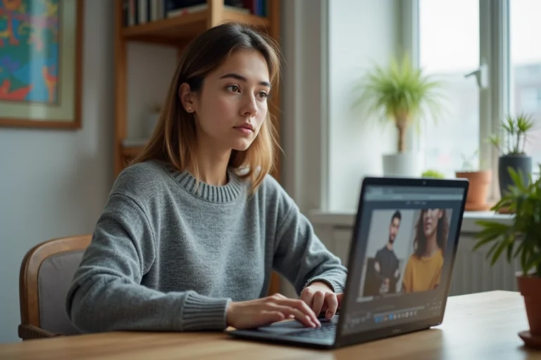 Jeune femme accédant à un site de streaming vidéo sur son ordinateur portable depuis un bureau à domicile