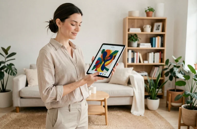 Femme parcourant une galerie d'art en ligne sur tablette dans un salon scandinave décoré avec goût