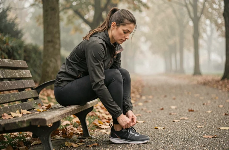 Femme athlète attachant ses lacets avant une course matinale dans un parc urbain en automne