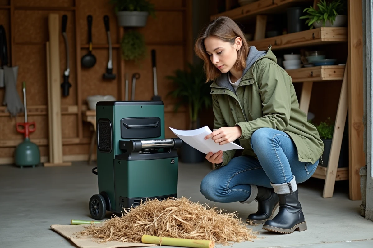 Femme lisant manuel près du broyeur à bambou dans le garage