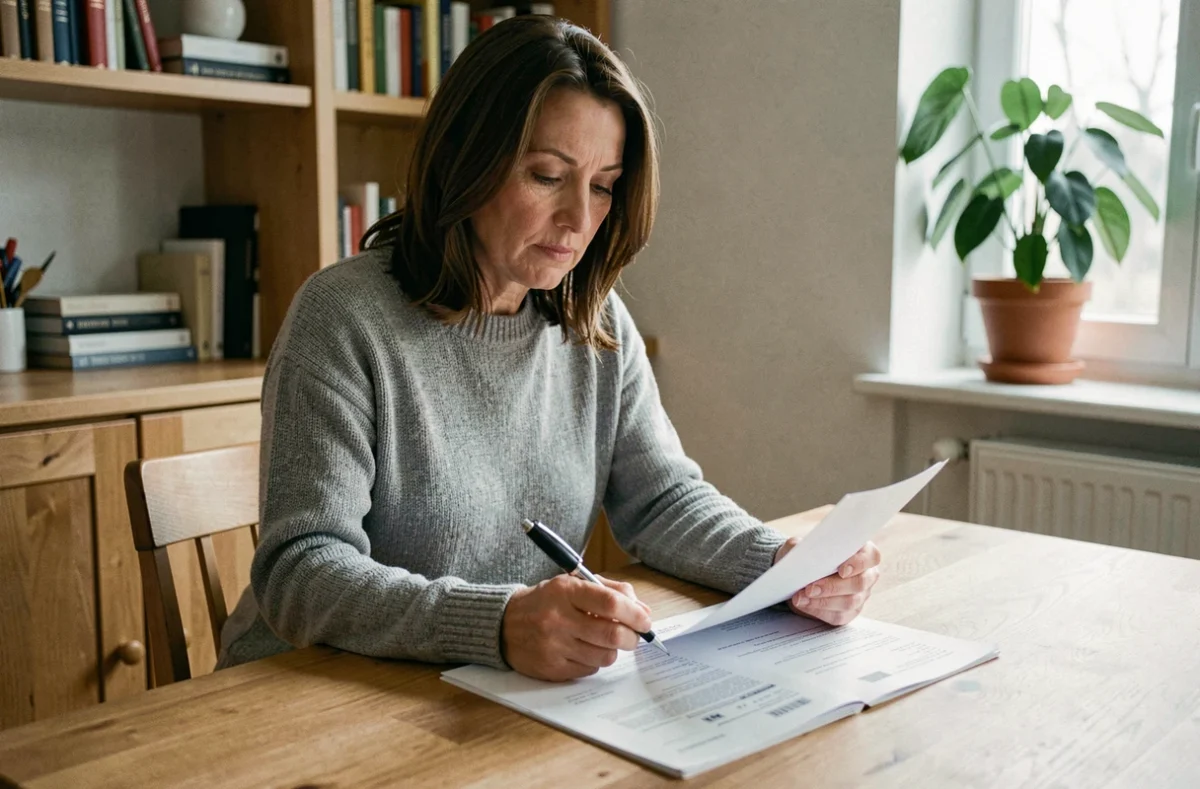 Femme examinant un contrat de crédit immobilier après un décès, assise à une table en bois avec des documents financiers