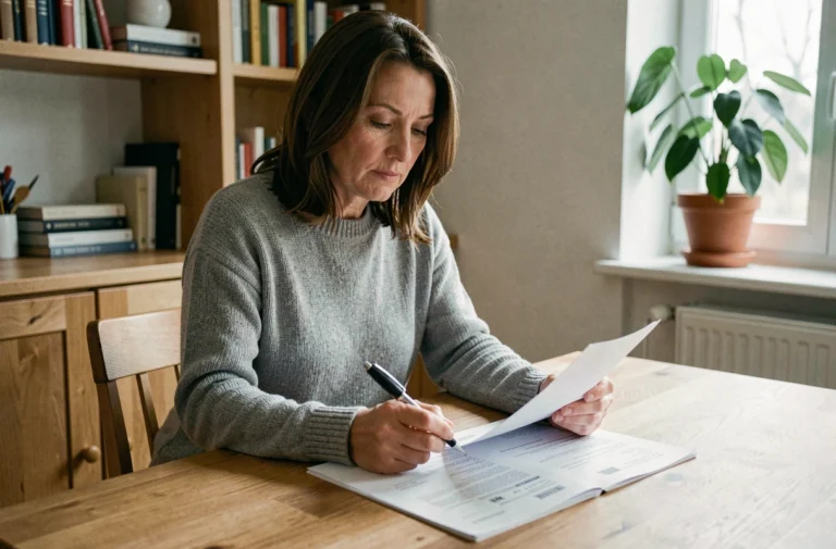 Femme examinant un contrat de crédit immobilier après un décès, assise à une table en bois avec des documents financiers