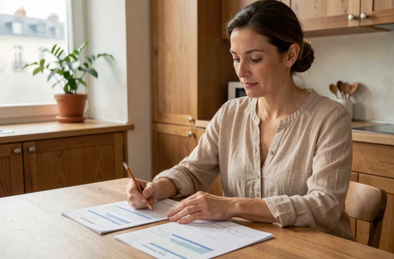Femme gérant son budget personnel avec des documents financiers sur une table en bois dans une cuisine moderne