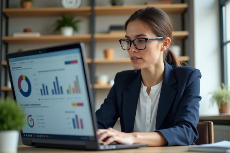 Femme professionnelle gérant les charges de copropriété sur un outil en ligne depuis son bureau à domicile