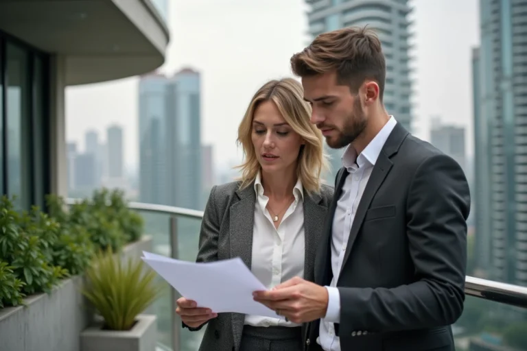 Femme et jeune homme examinant des documents immobiliers sur un balcon