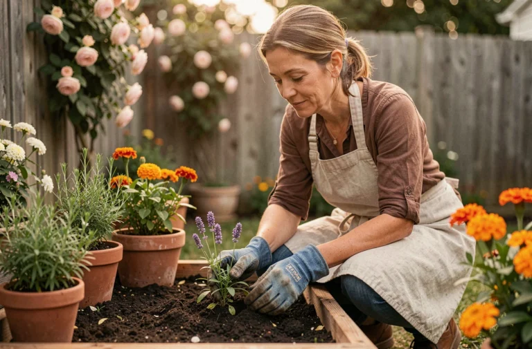 Femme qui plante de la lavande dans un carré de jardin surélevé en bois, entouré de pots en terre cuite et de fleurs colorées