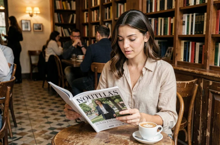 Femme lisant un magazine populaire dans un café parisien, illustrant les articles tendance de Ghimel Le Mag
