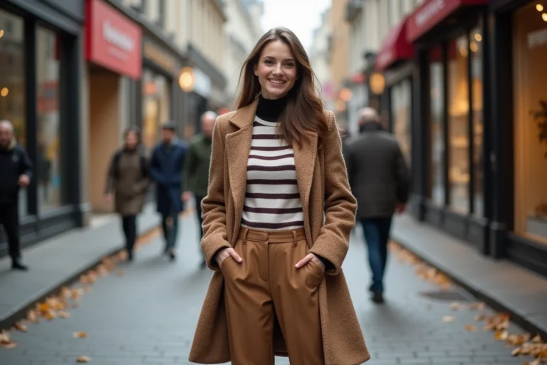 Jeune femme mode automne en ville avec manteau et sourire