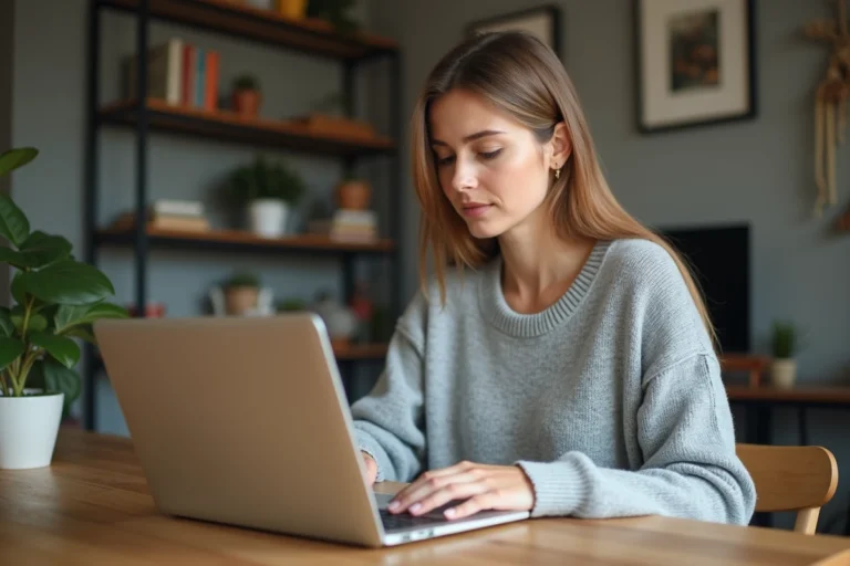Femme assise à une table remplie d'objets domestiques en train de remplir une annonce en ligne