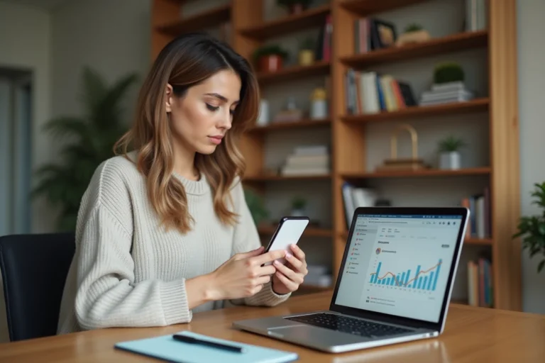 Jeune femme avec smartphone affichant analytics Instagram