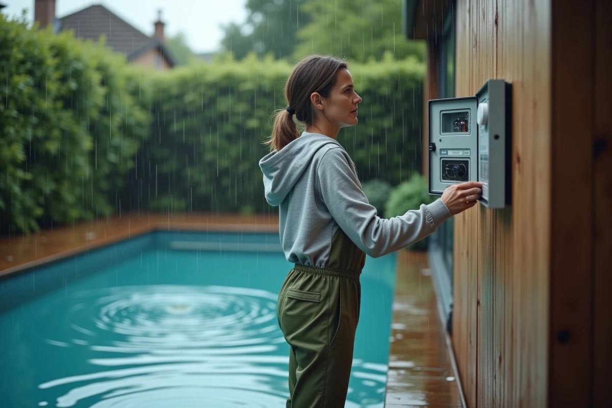 Femme examinant le panneau de contrôle de piscine sous la pluie dans un jardin avec ripples sur l'eau