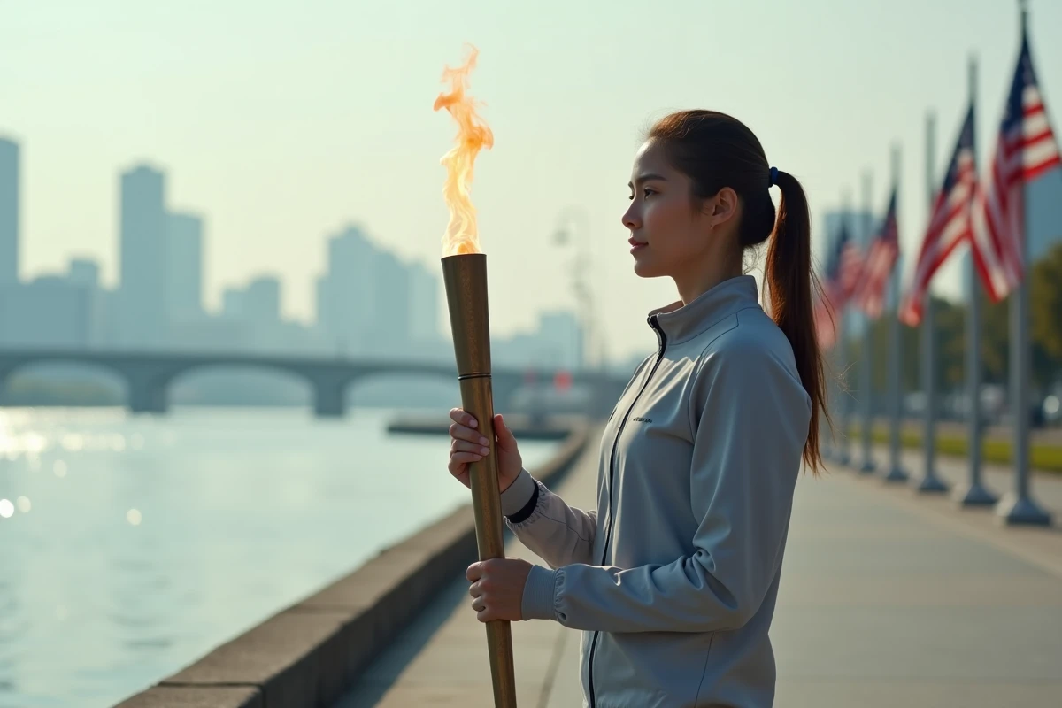 Jeune femme tenant la torche olympique éteinte en promenade au bord de l