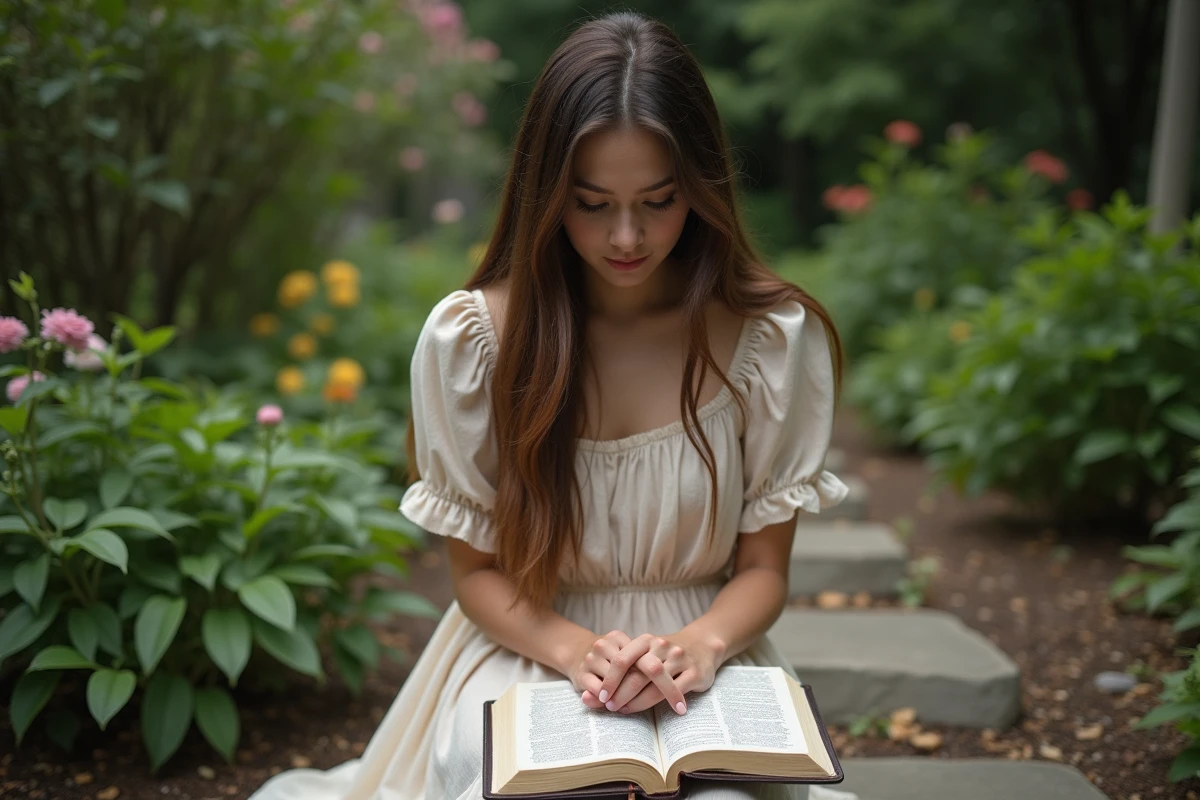 Jeune femme priant dans un jardin verdoyant