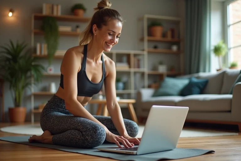 Femme sportive en leggings et top relaxe en séance de fitness à domicile
