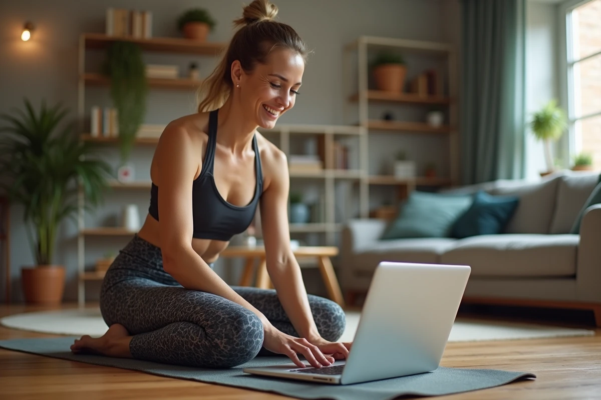 Femme sportive en leggings et top relaxe en séance de fitness à domicile