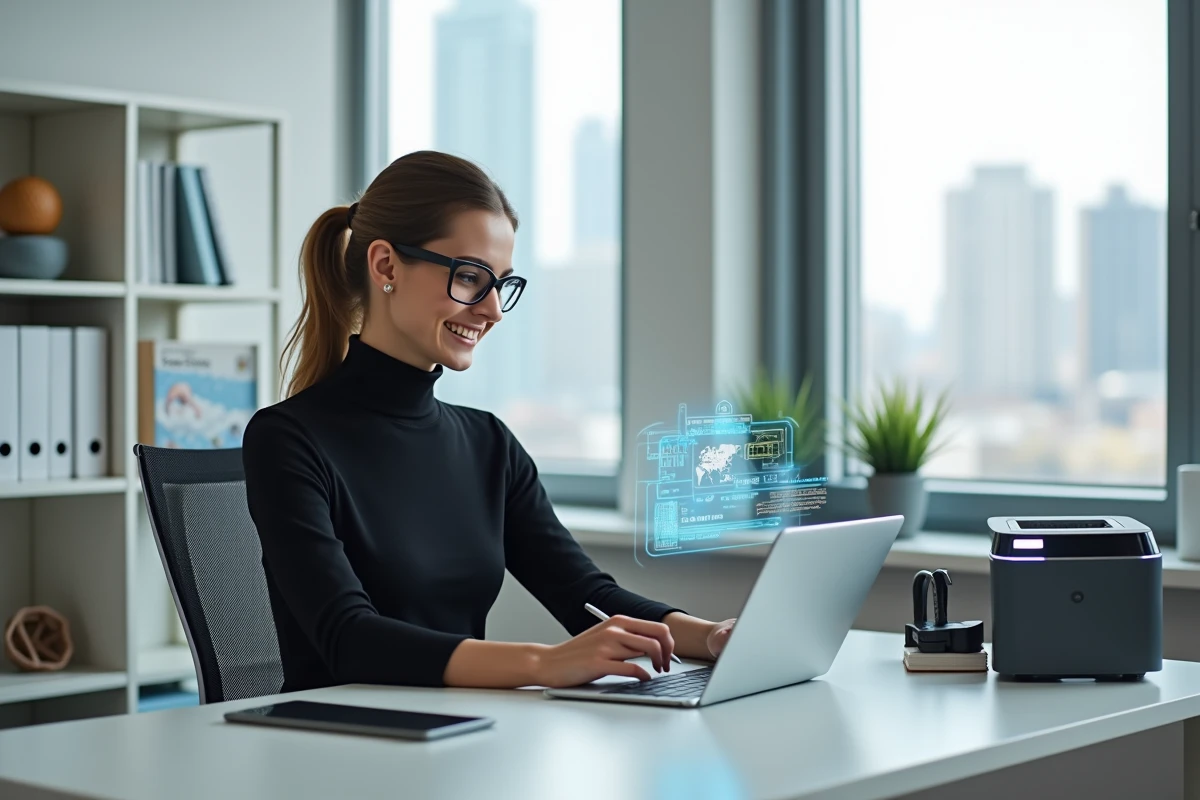 Femme souriante utilisant une tablette avec interface holographique