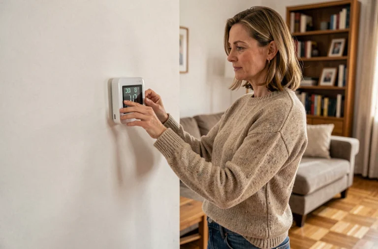 Femme ajustant un thermostat programmable pour réduire la facture de chauffage dans un salon confortable