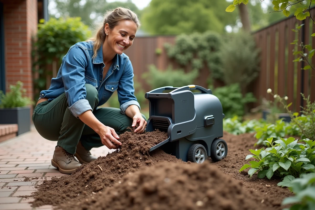 Femme souriante organise des déchets de jardin près du broyeur