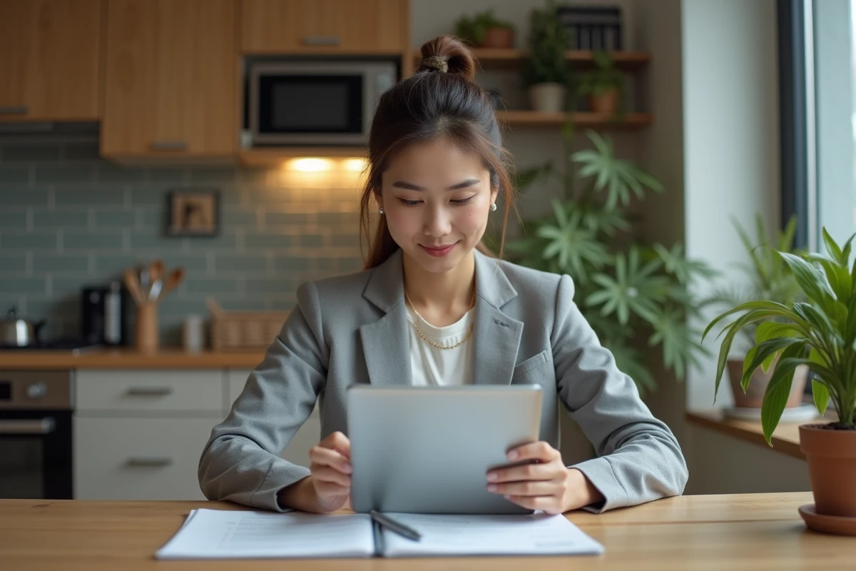 Jeune femme vérifie ses impots sur une tablette dans sa cuisine