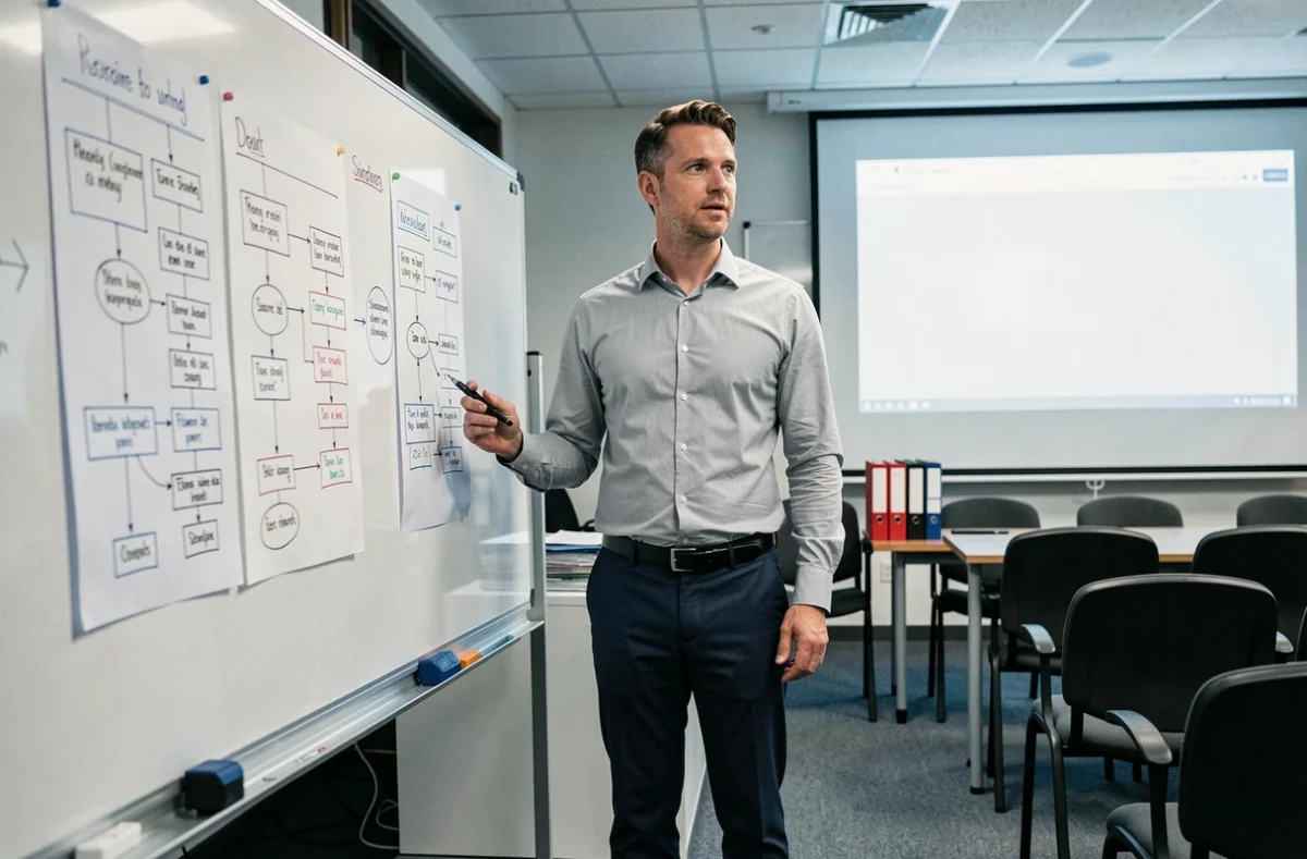 Formateur professionnel présentant un cours de formation administrative devant un tableau blanc en salle de formation